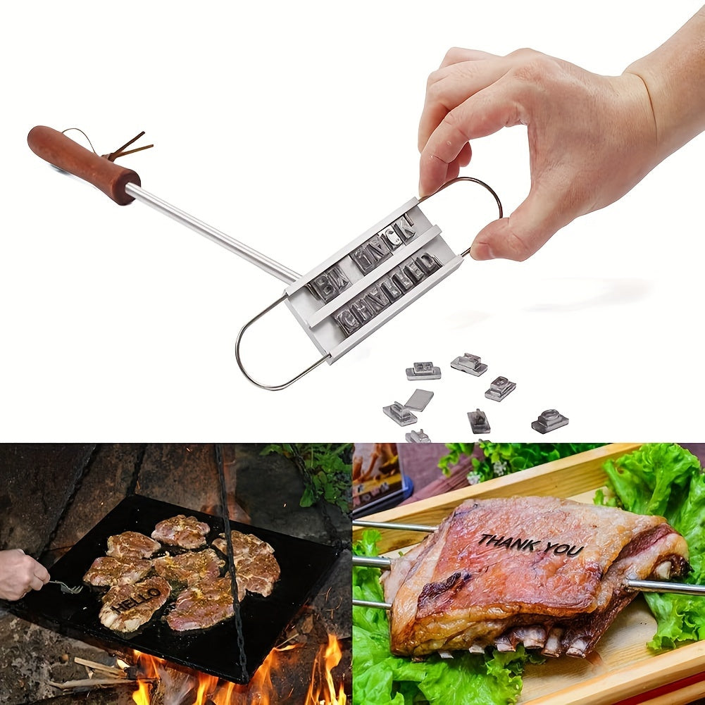 Customizable BBQ Branding Iron with 55 Letters - Durable Wooden Handle, Easy to Clean - Perfect for Steaks, Burgers & Grill Accessories