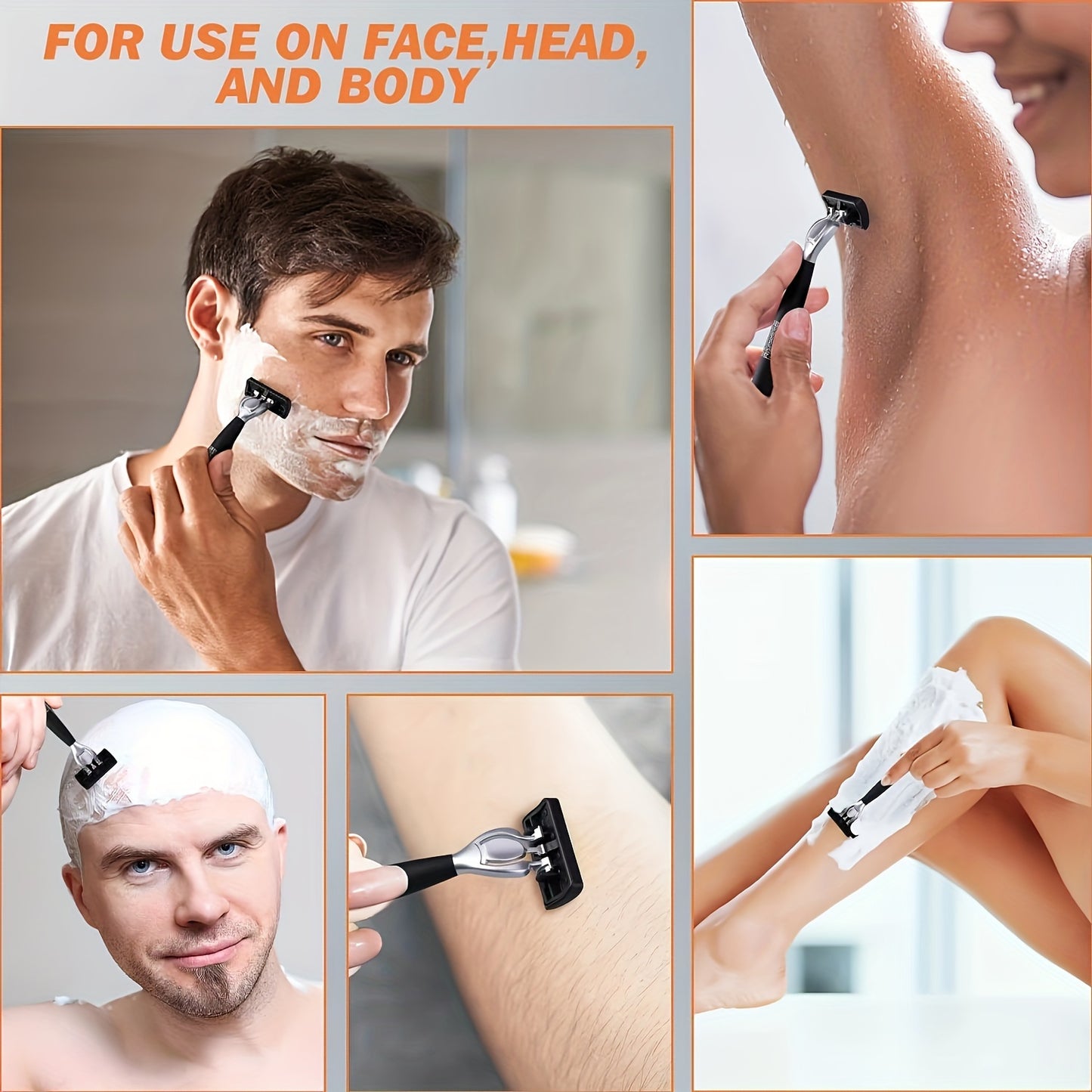 Men's Safety Shaver with Anti-Slip Stainless Steel Handle, 6-Layer Blades, 18/36 Replacement Blades Included - Hiccupzz