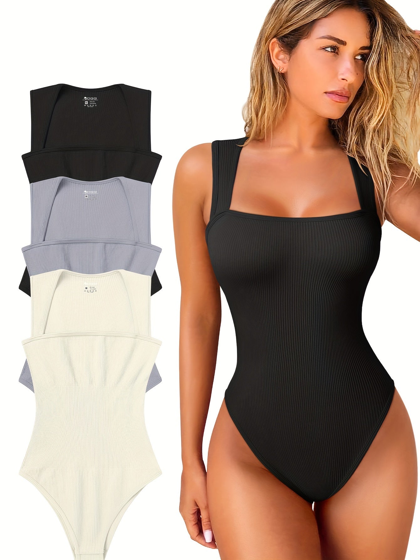 OQQ 3 Piece Bodysuits For Women Sexy Ribbed Strappy Square Neck Stretch Tank Tops Bodysuits - Hiccupzz