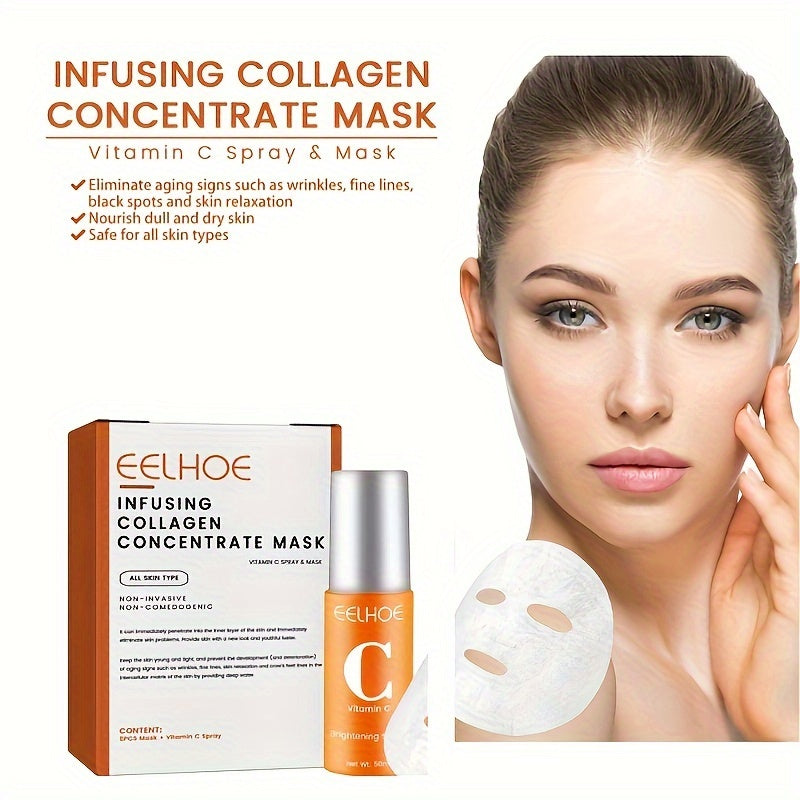 Collagen Water Soluble Firming Face Mask & Spray Set, Contains Hyaluronic Acid, Vitamin C, Moisturizing Lifting And Firming Skin Care (Soluble Collagen Film 5pcs + Spray 1.69oz) - Hiccupzz