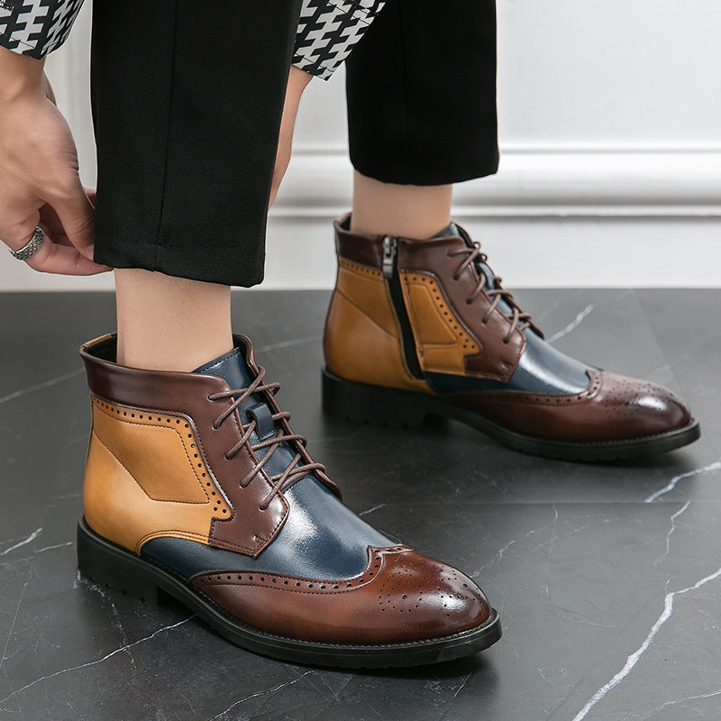 Men's High-top Leather Shoes Tide Contrast Color Casual - Hiccupzz