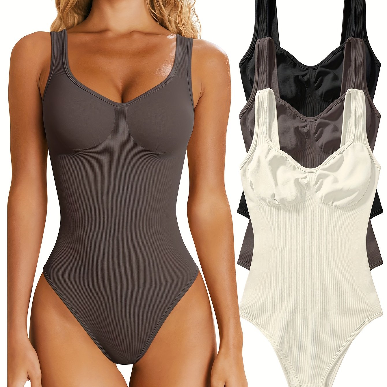 OQQ Women's 3 Piece Bodysuits Sexy Ribbed Sleeveless Shapewear Tank Tops Bodysuits - Hiccupzz