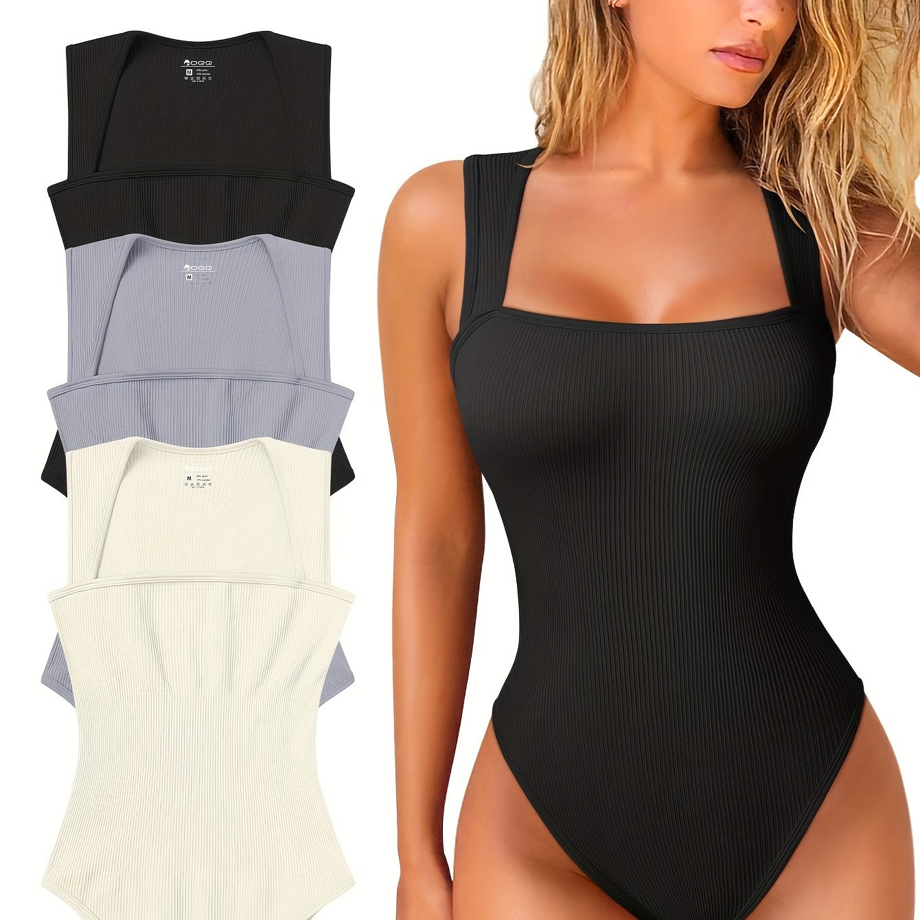 OQQ 3 Piece Bodysuits For Women Sexy Ribbed Strappy Square Neck Stretch Tank Tops Bodysuits - Hiccupzz