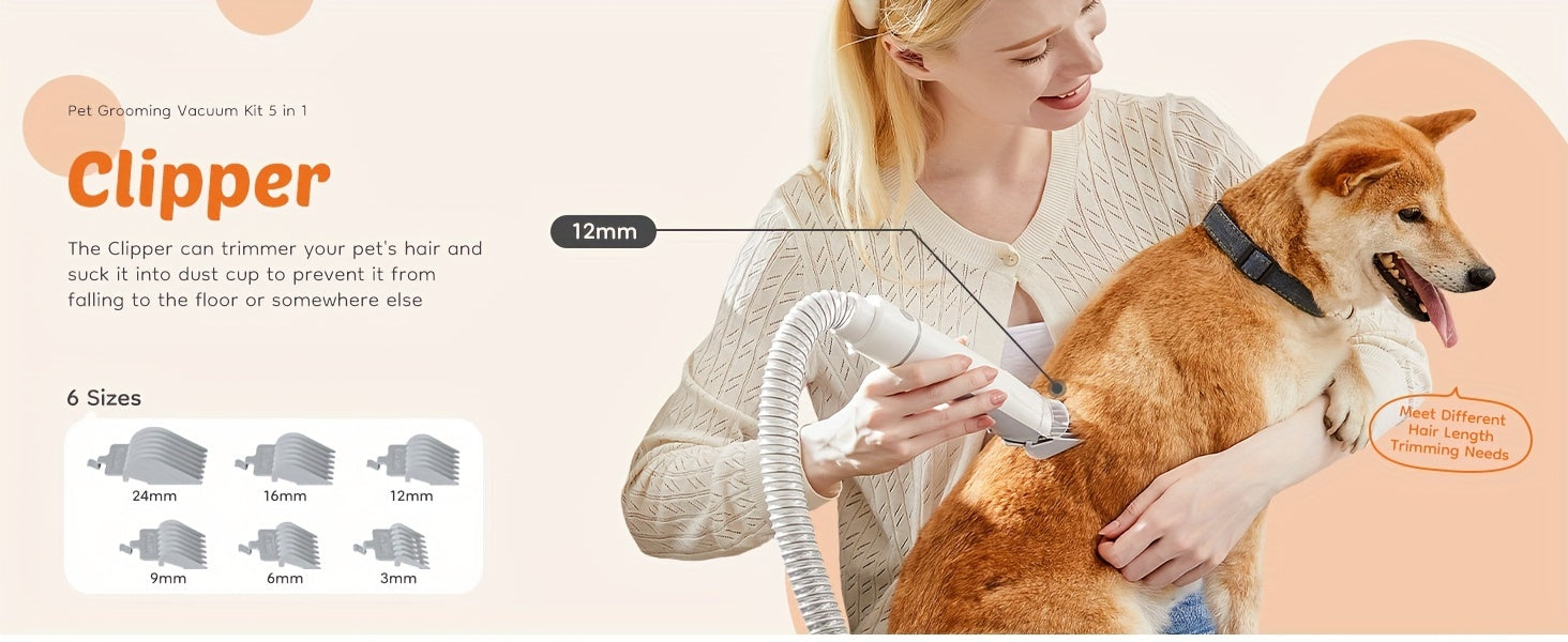 Pet Grooming Vacuum Kit 5 in 1 - Strong Suction Power, 99% Pet Hair Removal, Professional Clippers with 6 Guide Combs, Multifunctional Grooming Tools for Dogs, Cats, and Other Animals - Hiccupzz