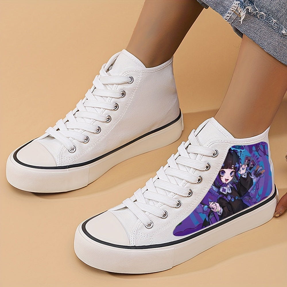 Women's Anime Beauty Print Shoes, Lace Up Comfy Platform Daily Skate Shoes, Lightweight High-top Canvas Shoes - Hiccupzz