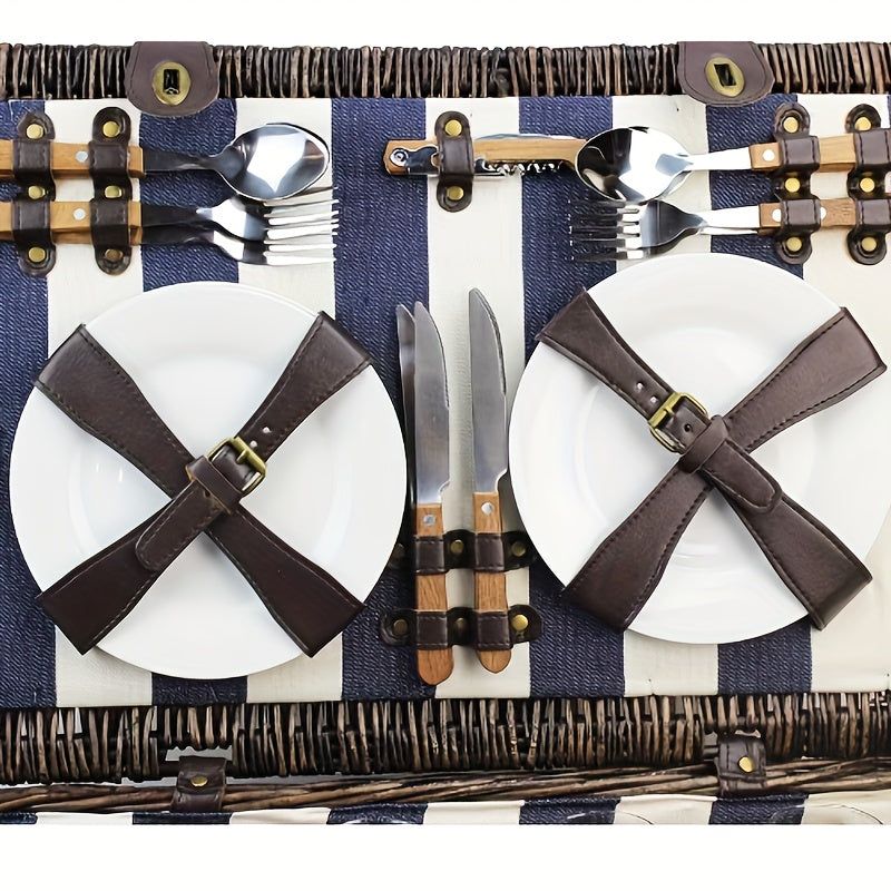 Extra Large Willow Picnic Basket with Service Set for 4 Persons, Natural Wicker Picnic Hamper with Free Food Cooler, Fleece Blanket and Tableware - Hiccupzz