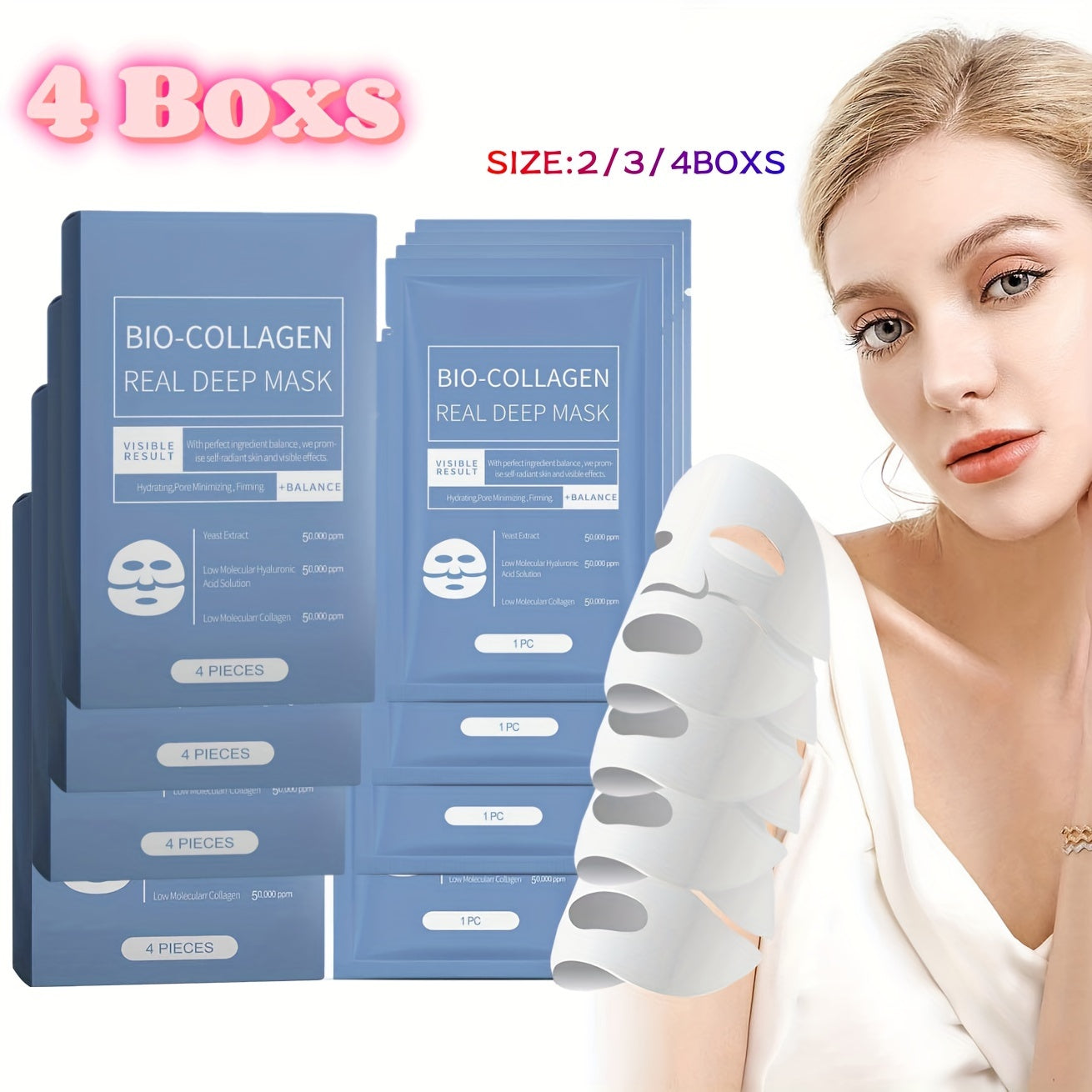 Bio-Collagen Deep Mask Pack - Hydrating & Firming with Collagen, Hyaluronic Acid & Vitamin E. 4 PCS/Box (2/3/4 Boxes). - Hiccupzz