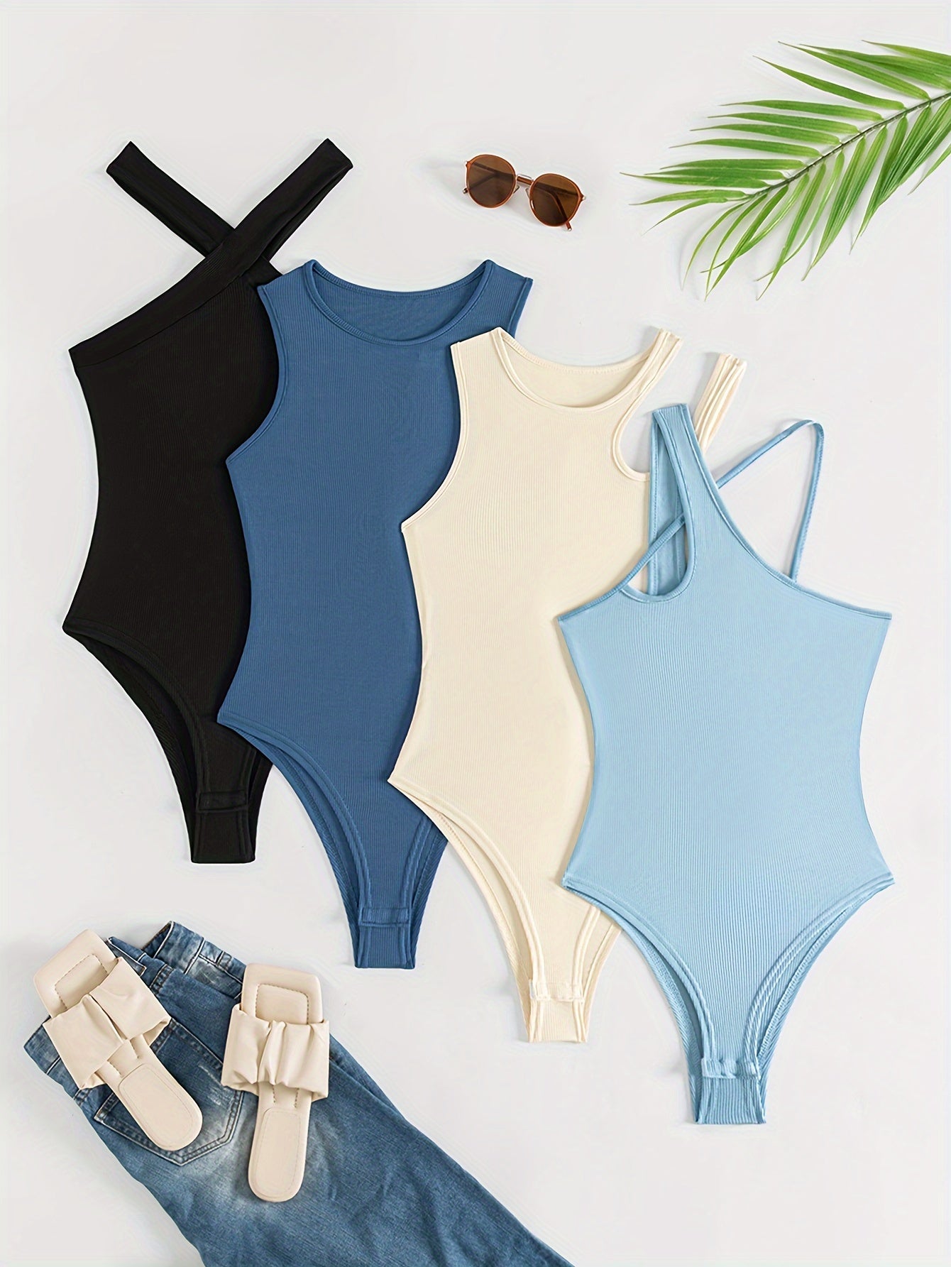 4 pack Trendy Asymmetrical Shoulder Bodysuits for Women - Comfortable and Stylish Solid Bodysuits - Hiccupzz