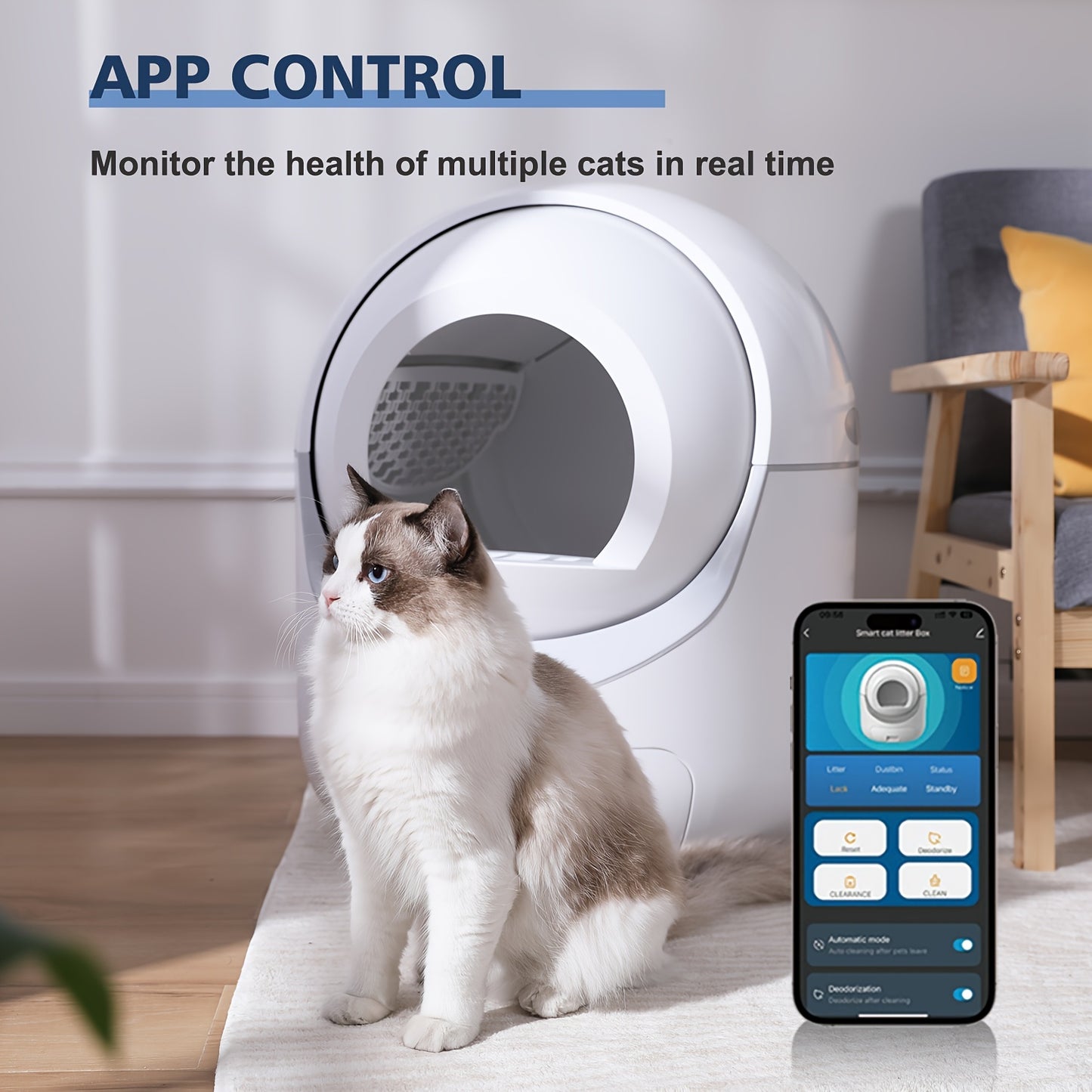 Self-Cleaning Cat Litter Box with Mat & Liners, 70L Capacity, APP-Controlled, Ideal for Multiple Cats - White - Hiccupzz