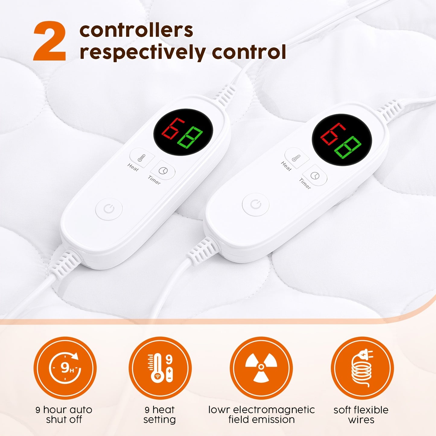 1 Pc HYLEORY Electric Heated Mattress Pad - Dual Temperature Control, 9 Heat Settings, 1-9 Hour Auto Shut-Off, Machine Washable, Hypoallergenic, Soft Cozy, 110-127V US Plug