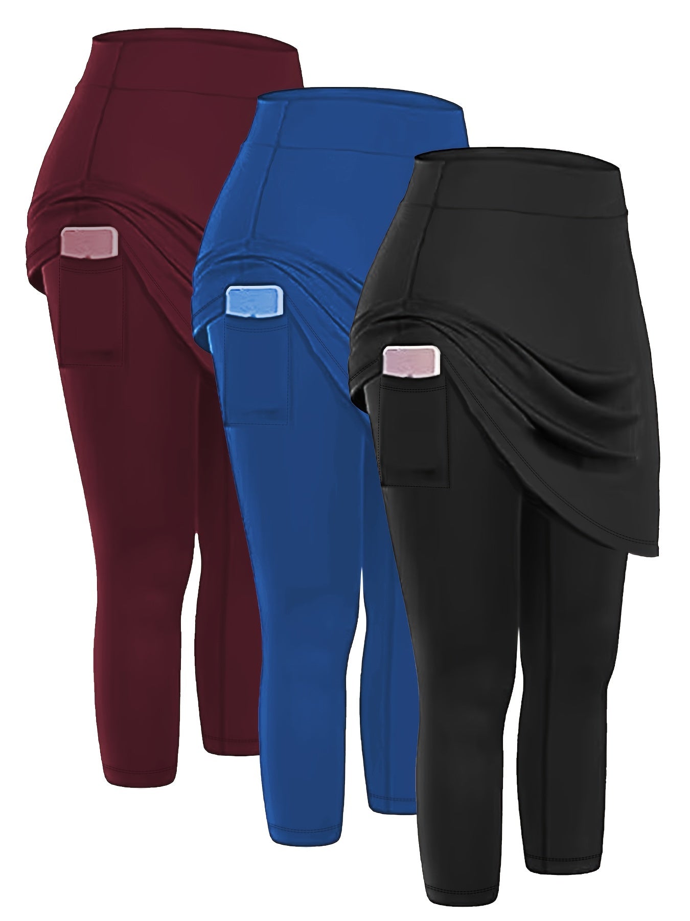 3pack 3pcs Women's Plus Size Sports Leggings with Phone Pockets and Skirt - Medium Stretch Yoga and Running Pants Set - Hiccupzz