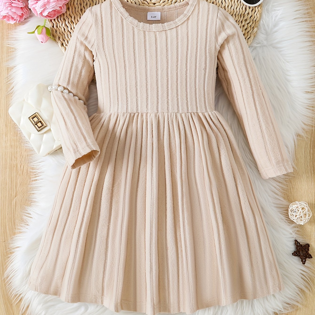 Girls Solid Color Dress, Simple Versatile, Round Neck, Long Sleeve - Hiccupzz