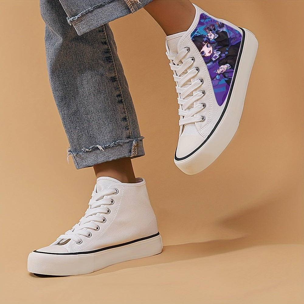 Women's Anime Beauty Print Shoes, Lace Up Comfy Platform Daily Skate Shoes, Lightweight High-top Canvas Shoes - Hiccupzz