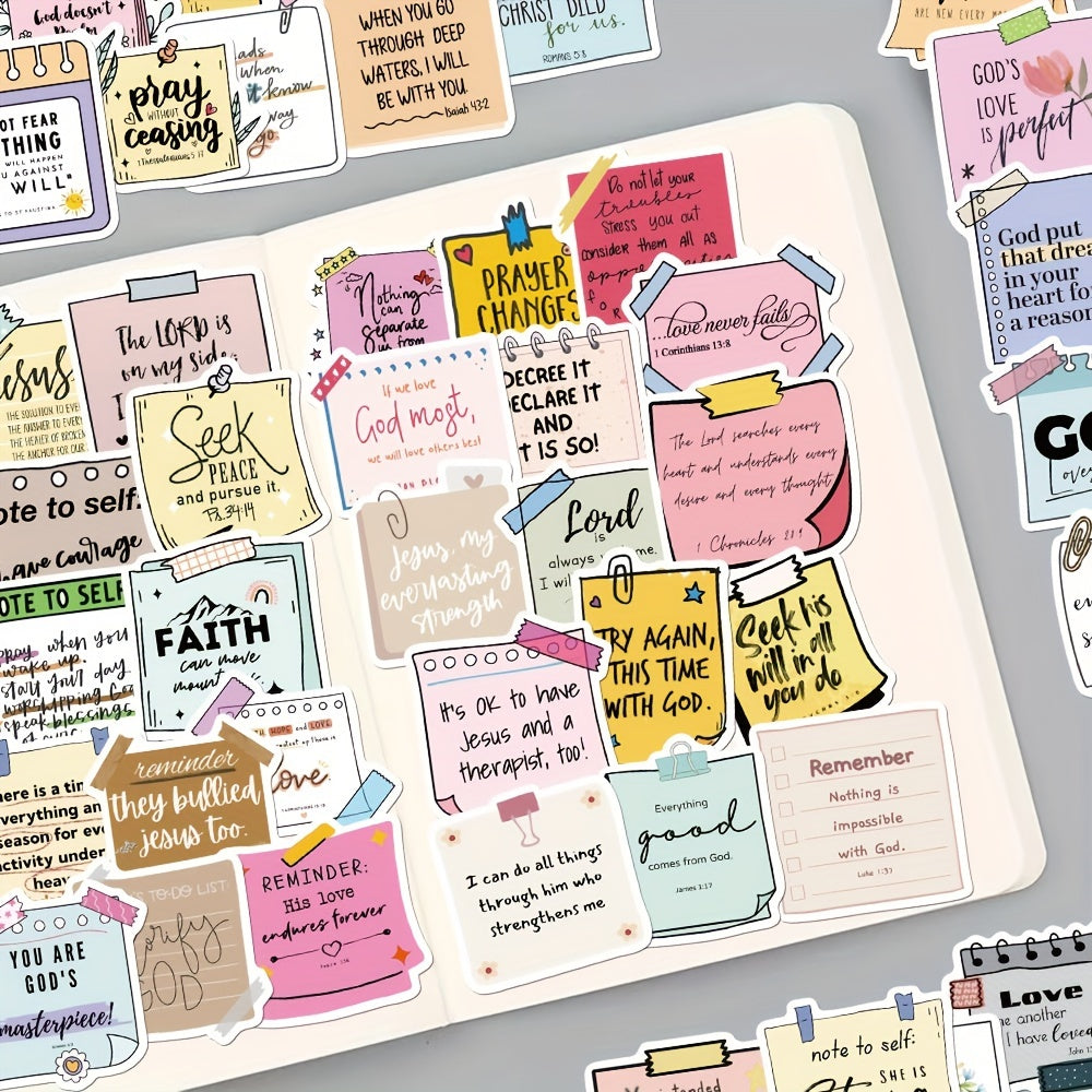 50pcs Bible Verse Sticky Notes – Waterproof PVC Self-Adhesive Christian Decals for Laptop, Notebook, Skateboard, and Luggage, Matte Finish, Irregular Shape, Single Use - Hiccupzz