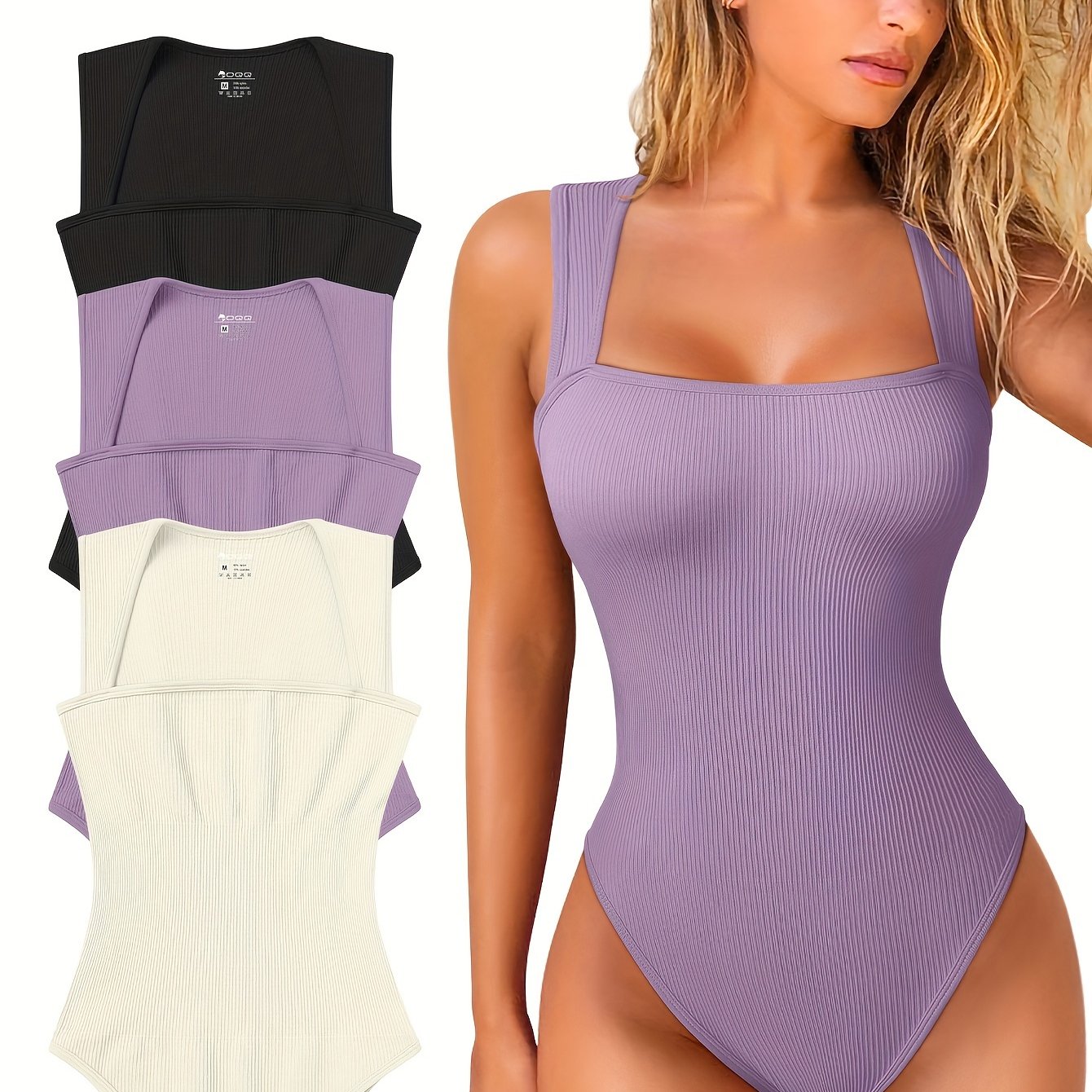 OQQ 3 Piece Bodysuits For Women Sexy Ribbed Strappy Square Neck Stretch Tank Tops Bodysuits - Hiccupzz
