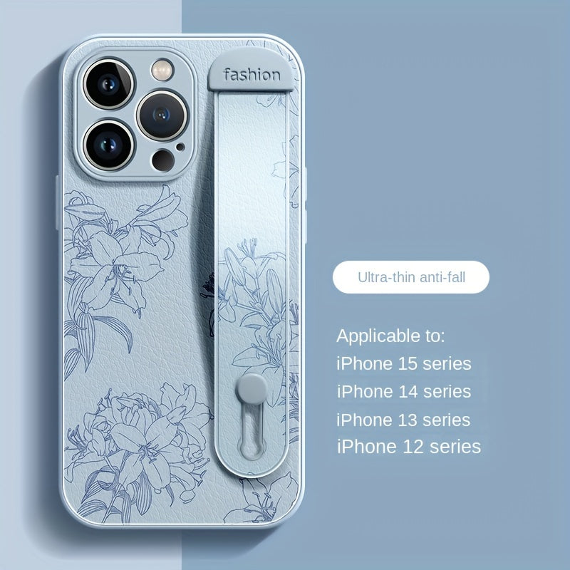 Floral Print Phone Case with Wrist Strap for iPhone 15/14/13/12 Pro Max Series - Elegant Lily Pattern, High-End Anti-Scratch and Drop-Proof Cover with Bracket Feature - Hiccupzz