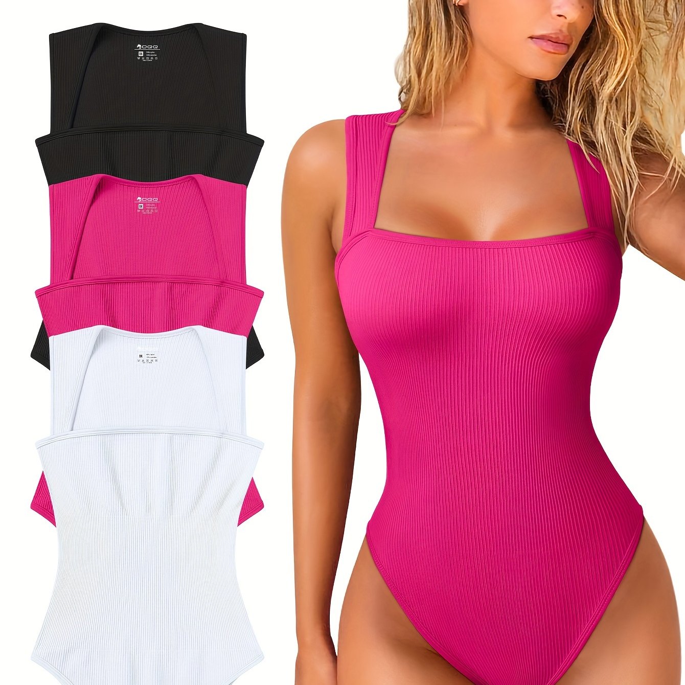OQQ 3 Piece Bodysuits For Women Sexy Ribbed Strappy Square Neck Stretch Tank Tops Bodysuits - Hiccupzz