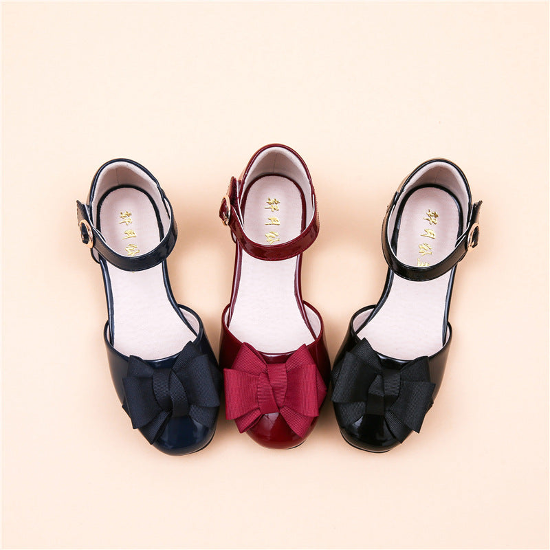 Big Kids' Hollow Velcro Patent Leather Shoes With Bow - Hiccupzz