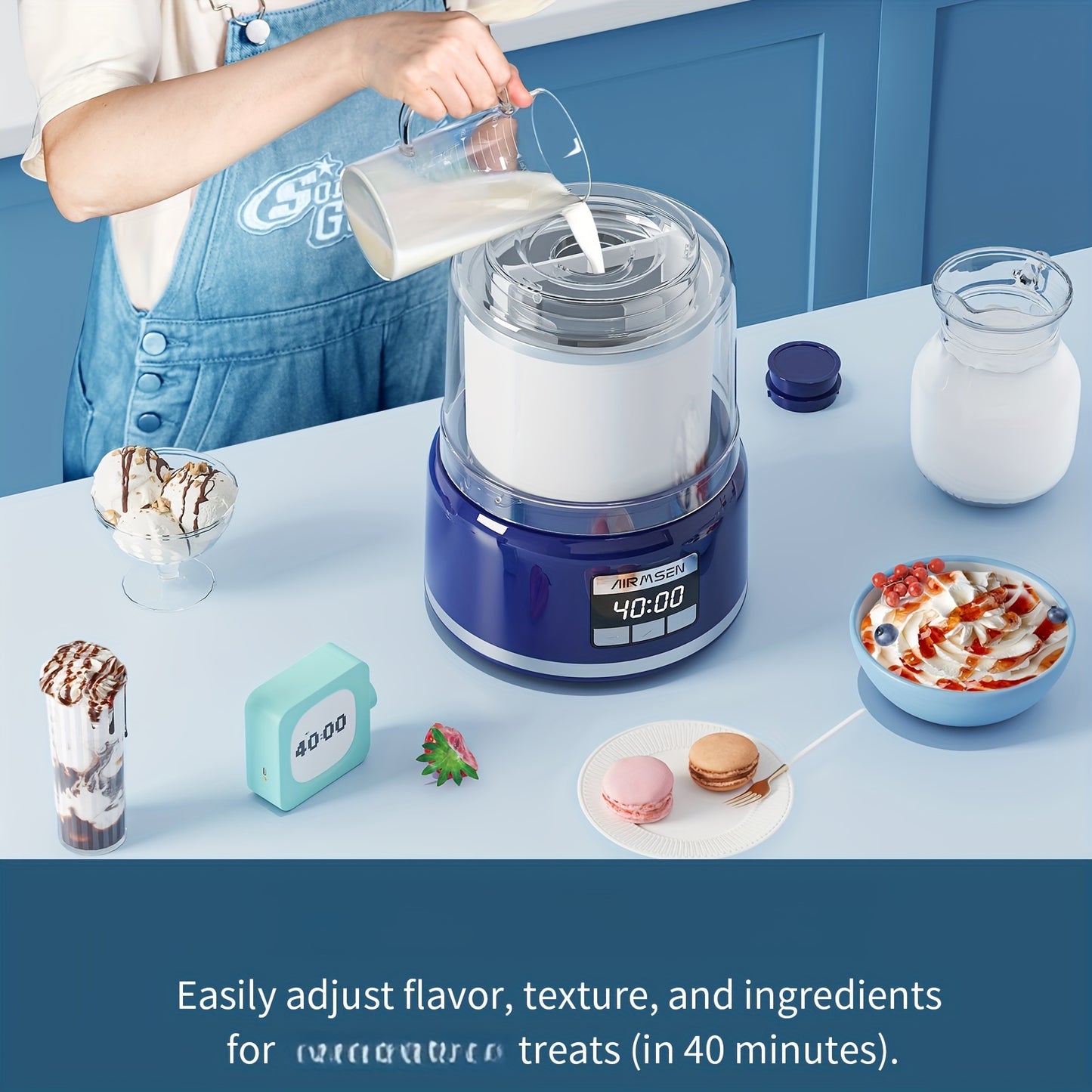 Ice Cream Maker, 2.1-Quart Frozen Yogurt Maker with LED Screen and Timer for Gelato, Milkshakes, Sorbet- Double-Insulated Freezer Bowl, Compact Size