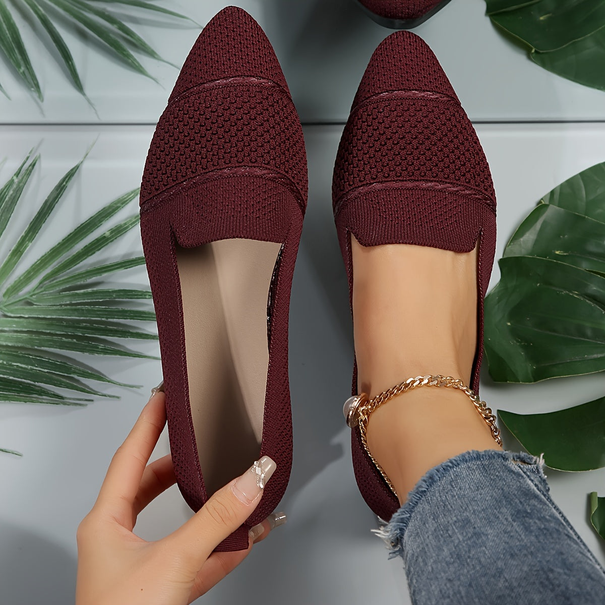 Women's Minimalist Slip-On Knitted Flats, Point Toe, Soft Sole Ballets, Lightweight Comfort - Hiccupzz