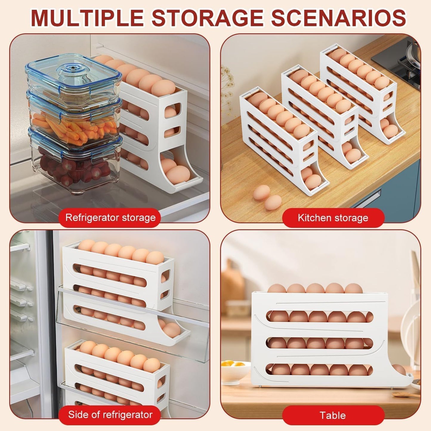 4-Tier Rolling Egg Dispenser for Refrigerator – Automatic 30-Egg Storage Rack for Kitchen