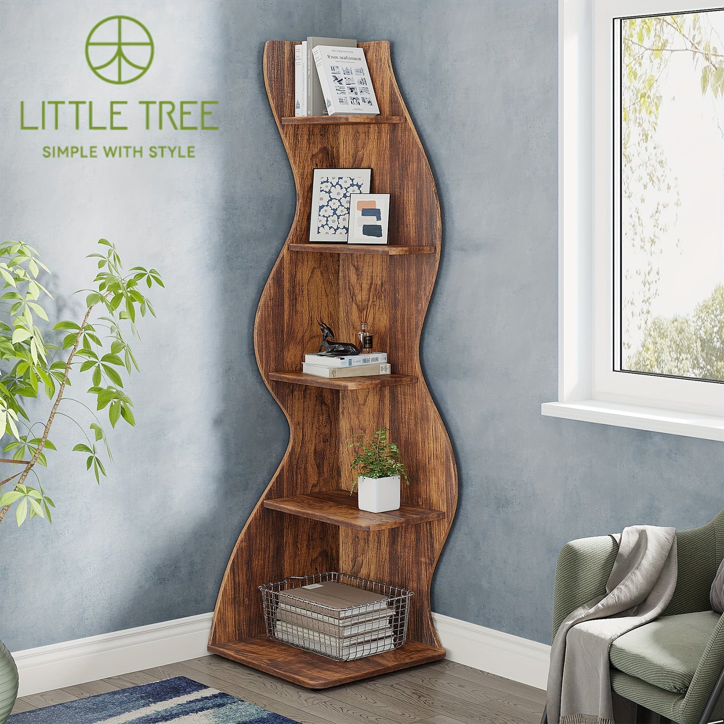 5-Tier Corner Shelf, Rustic Wall Bookshelf, Stylish Plant Stand for Living Room & Office