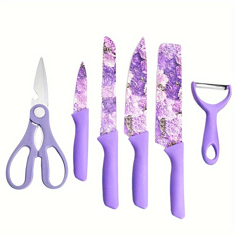 Jasmine Flower 6-Piece Kitchen Knife Set with Chef Knife, Meat Cleaver, Bread Knife, Scissors, Peeler - Hiccupzz