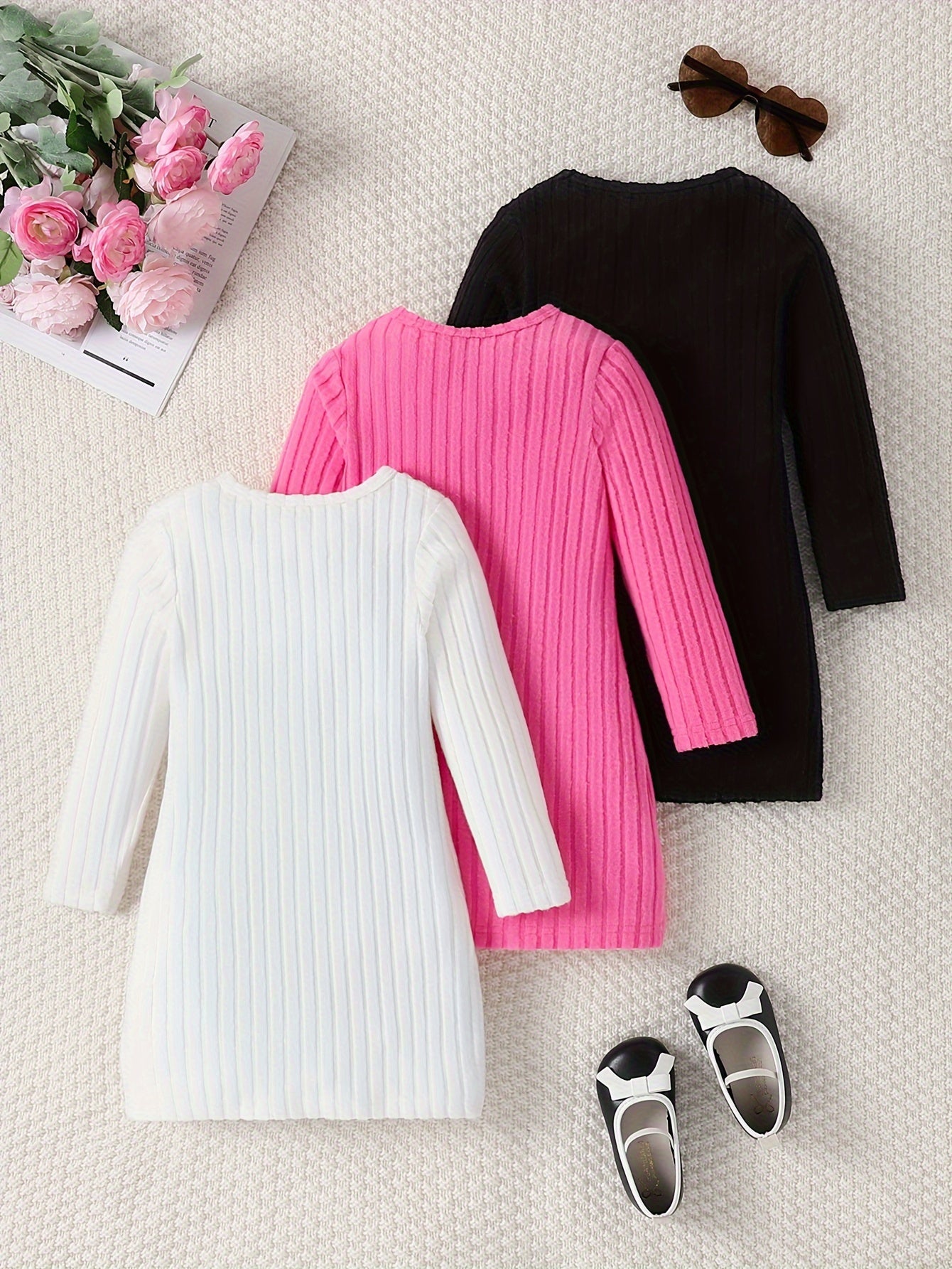 3 Pcs Girls Ribbed Knit Dress Set, Comfy & Elegant, Spring/Fall Dresses - Hiccupzz