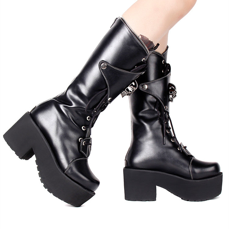 Zipper Studded Skull Punk Thick-soled High Boots - Hiccupzz