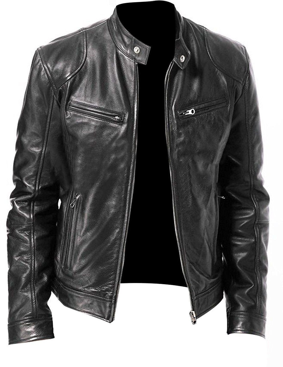 European & American Men's Leather Jacket - Youth Punk Stand-Up Collar Motorcycle Jacket with Logo