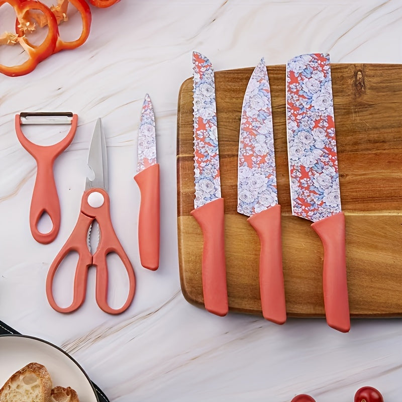 Jasmine Flower 6-Piece Kitchen Knife Set with Chef Knife, Meat Cleaver, Bread Knife, Scissors, Peeler - Hiccupzz