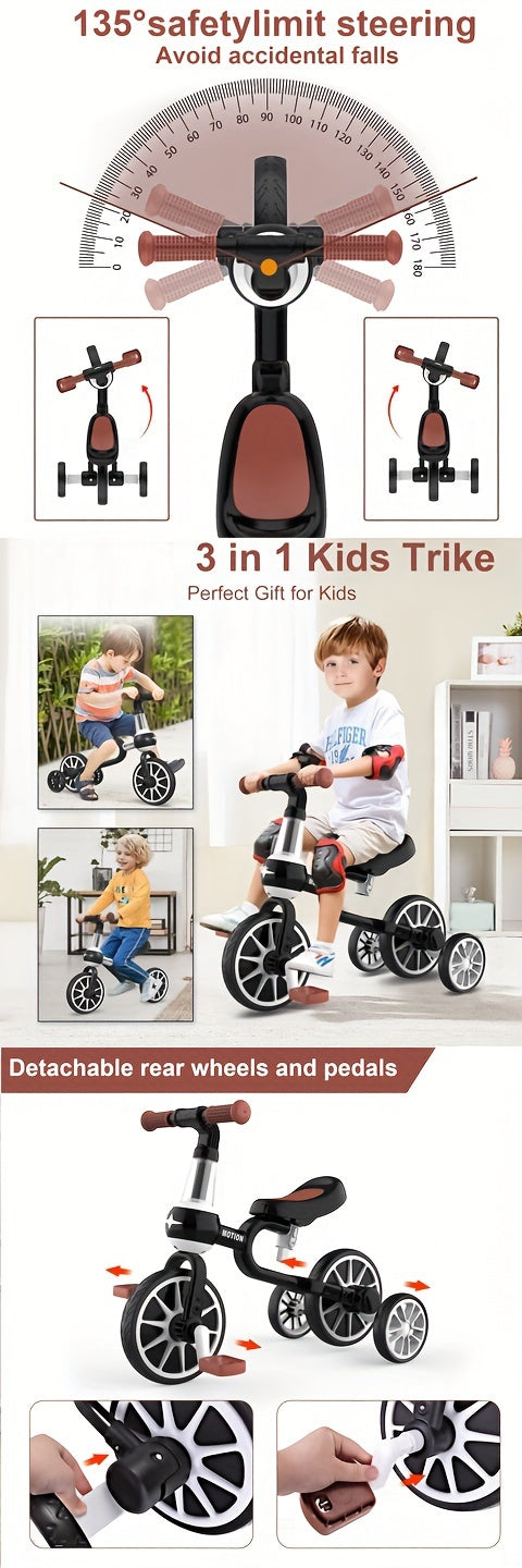 3 In 1 Kids Tricycles - Detachable Pedal & Training Wheels - For 1-4 Year Old Boys & Girls