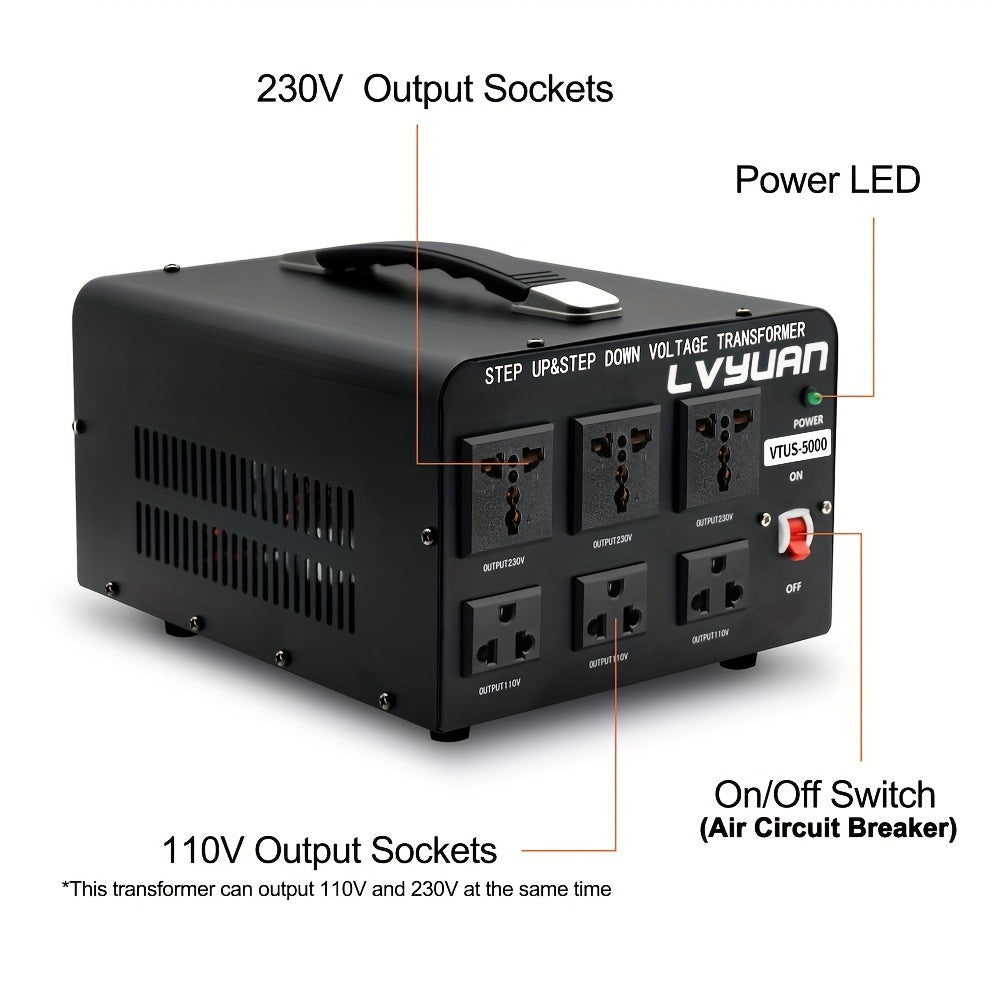 5000 Watt Voltage Converter Transformer Heavy Duty Step Up/Down AC 110V/120V/220V/240V Power Converter with 3 Universal Outlets Resettable Circuit Breaker Protection