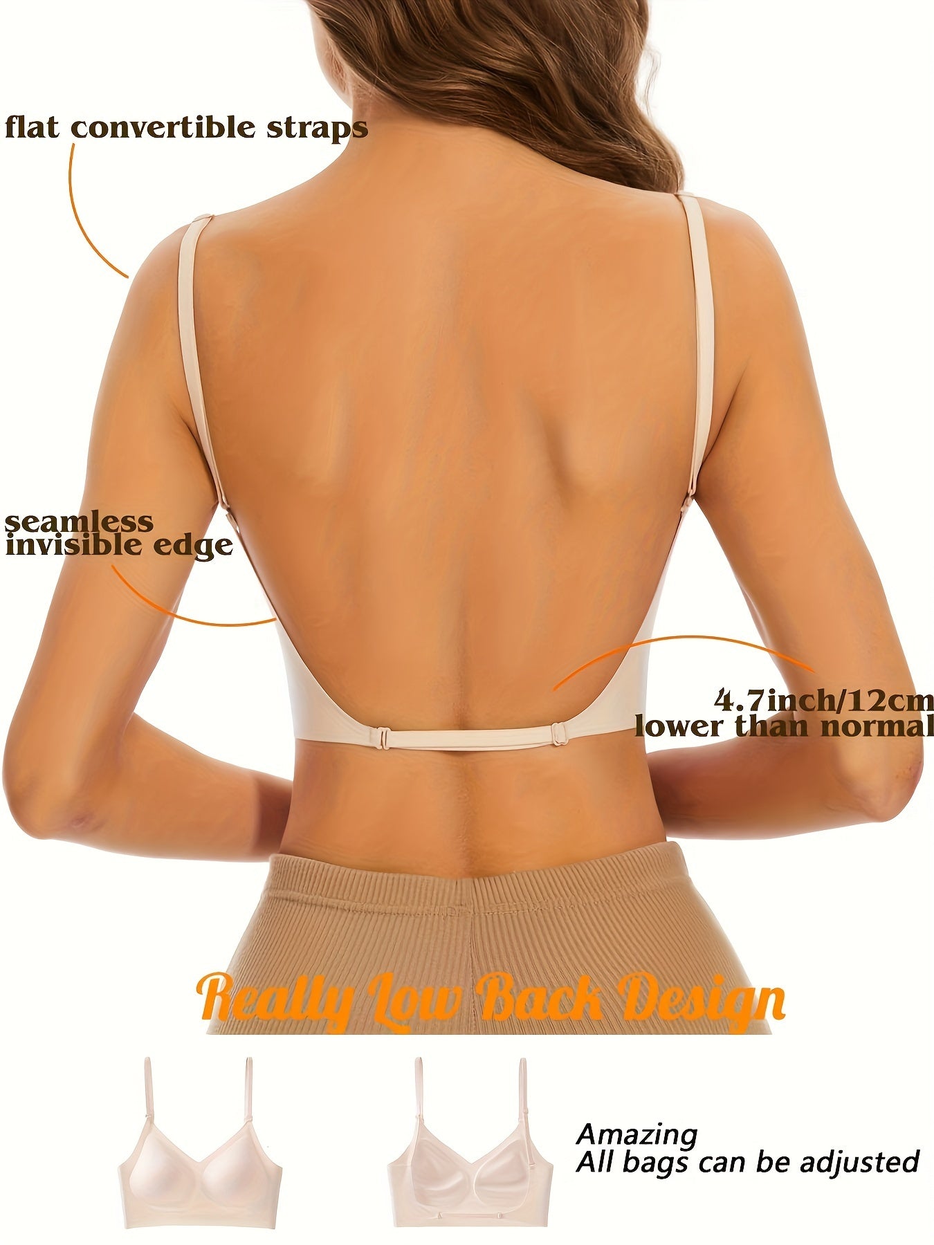 Women's Wireless Sports Bra With Flat Convertible Straps, Seamless Invisible Edge, And Ultra Low-Back Design, Adjustable Fit - Hiccupzz