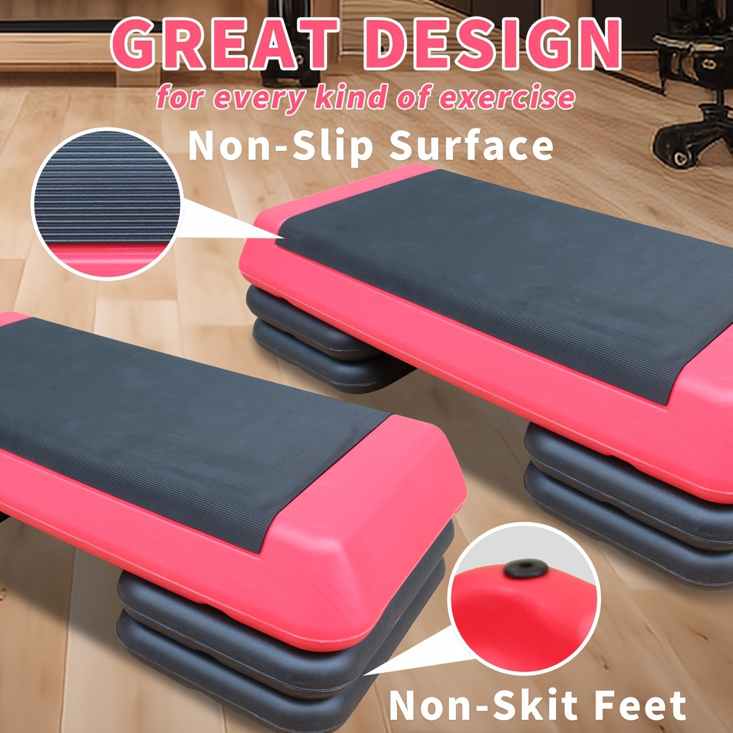 Adjustable Workout Aerobic Stepper in Fitness & Exercise Step Platform Trainer Red Black with 2/4 Risers - Hiccupzz