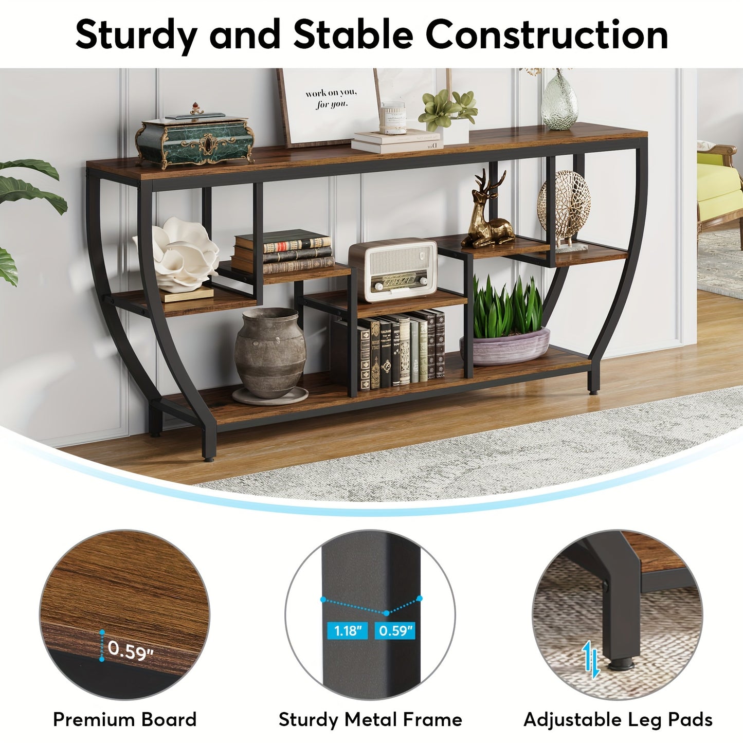 Little Tree Rustic 70.9 Inch Sofa Table with Shelves, Industrial Console Table with Storage, Entryway Table TV Stand