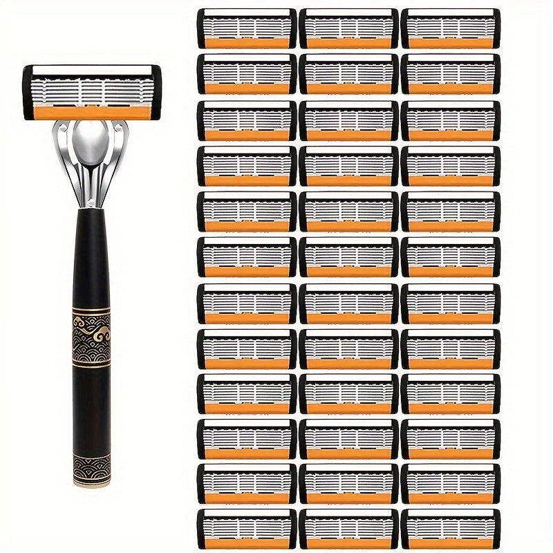 Men's Safety Shaver with Anti-Slip Stainless Steel Handle, 6-Layer Blades, 18/36 Replacement Blades Included - Hiccupzz
