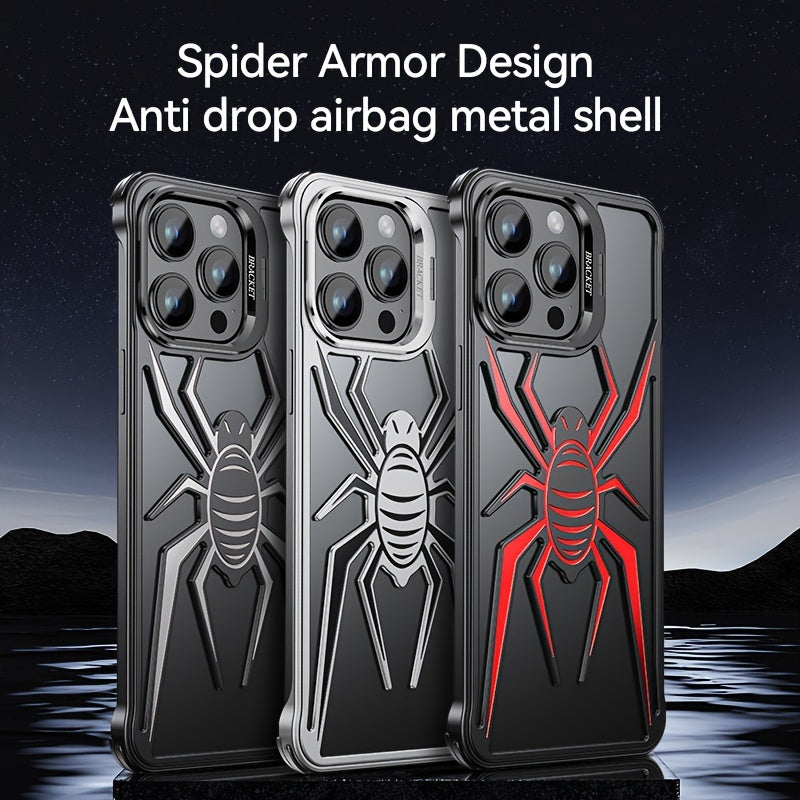 Case for iPhone 13 14 15 Pro Max/Pro/Plus, Aluminum Metal Spider Pattern Design Frameless Heat Dissection Minimalist Slim Lightweight Case with Built in Camera Stand, Black/Red/Silver - Hiccupzz