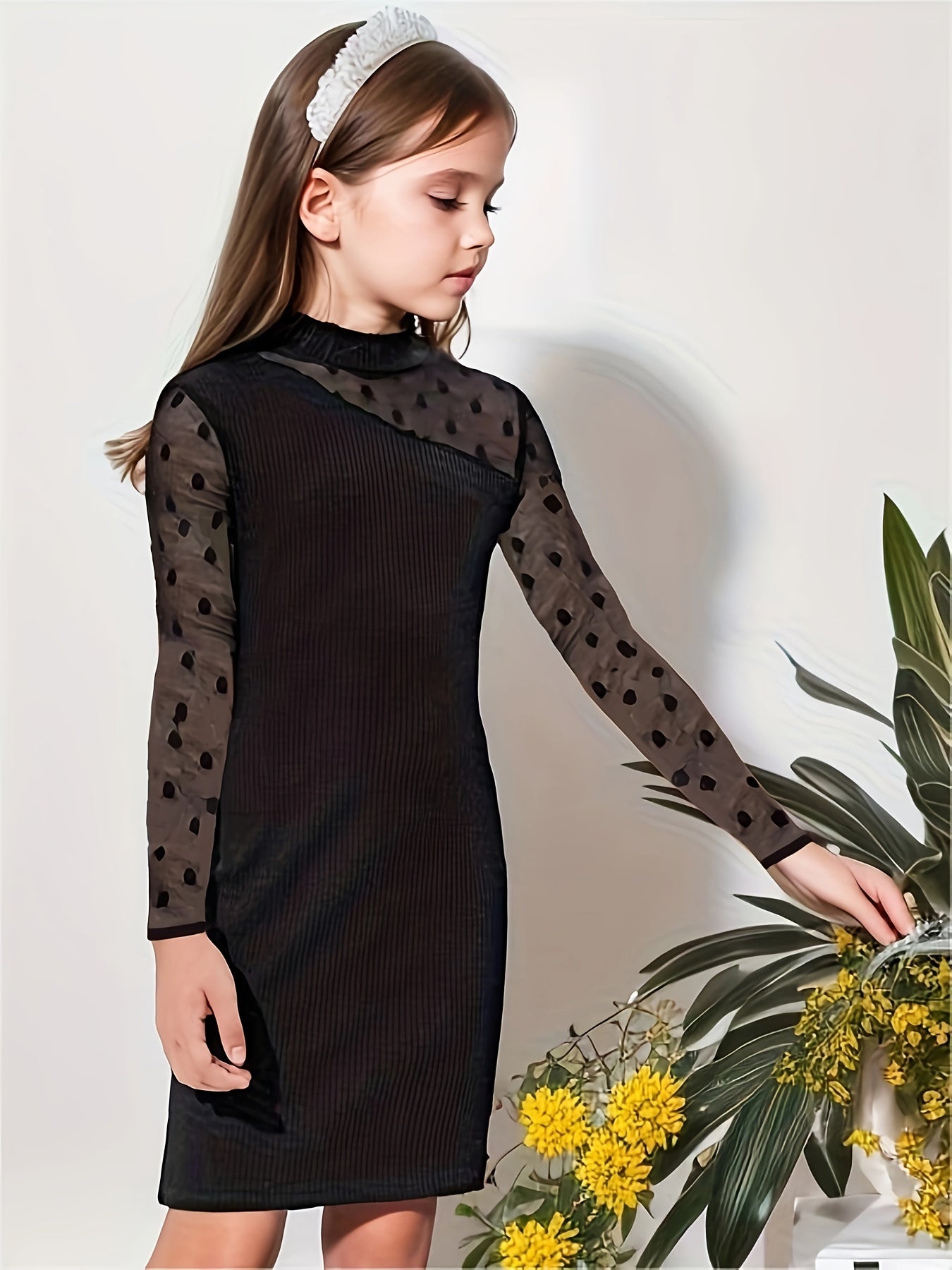Elegant Girls Splicing Mesh Dress, Long Sleeve, Party & Performance - Hiccupzz
