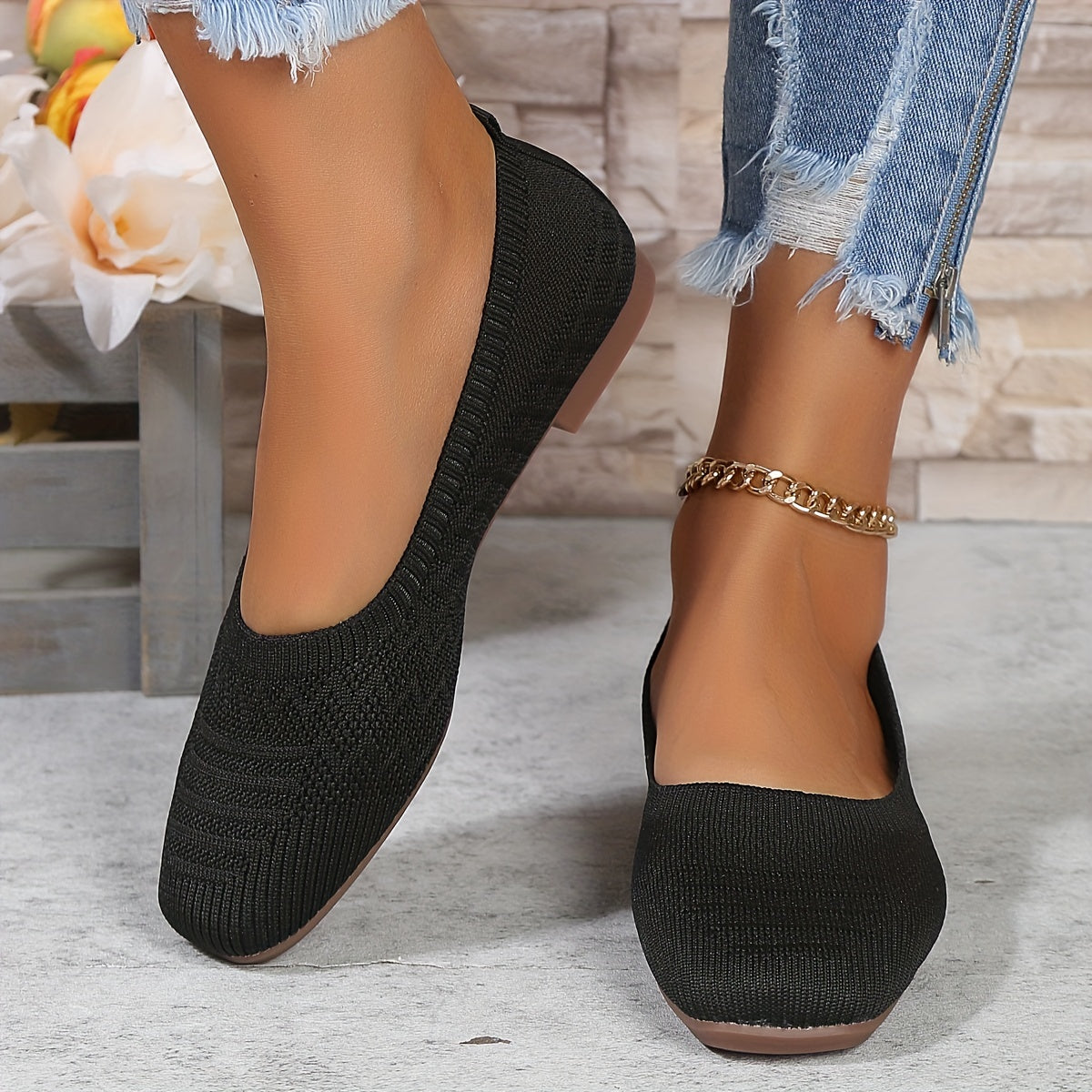 Women's Breathable Square Toe Slip-On Flats, Lightweight & Comfortable Casual Shoes - Hiccupzz