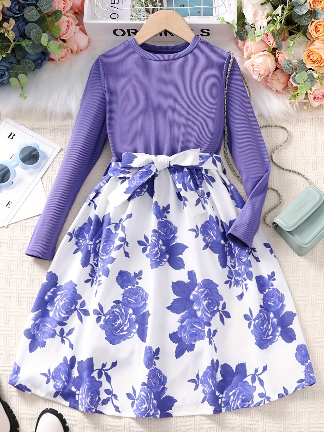 Girls' Floral Spliced Dress, Long Sleeves, Round Neck, Belted, Party Dress - Hiccupzz