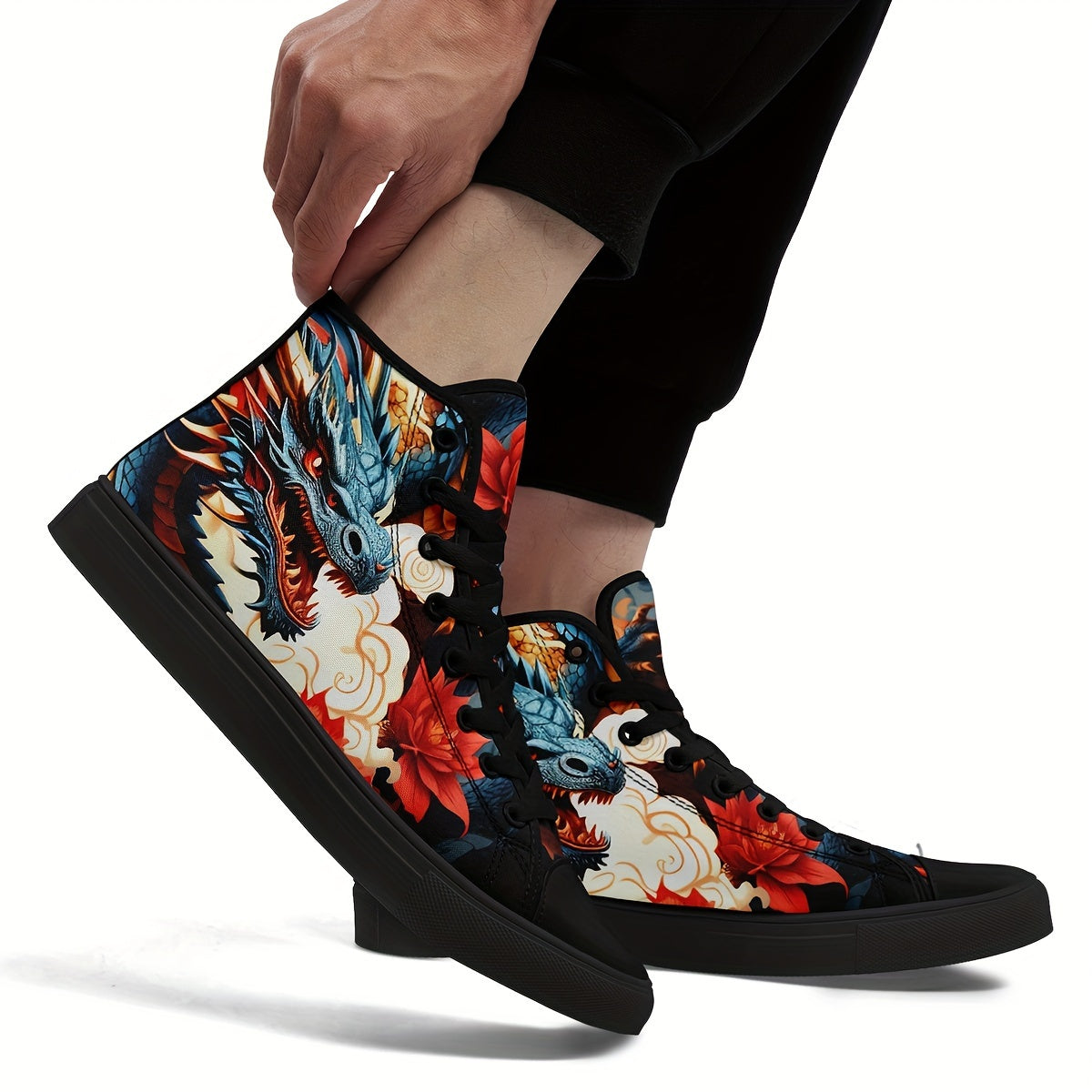 Men's Dragon Pattern High Top Skateboard Shoes - Non-Slip, Durable Lace-Up Sneakers - Hiccupzz