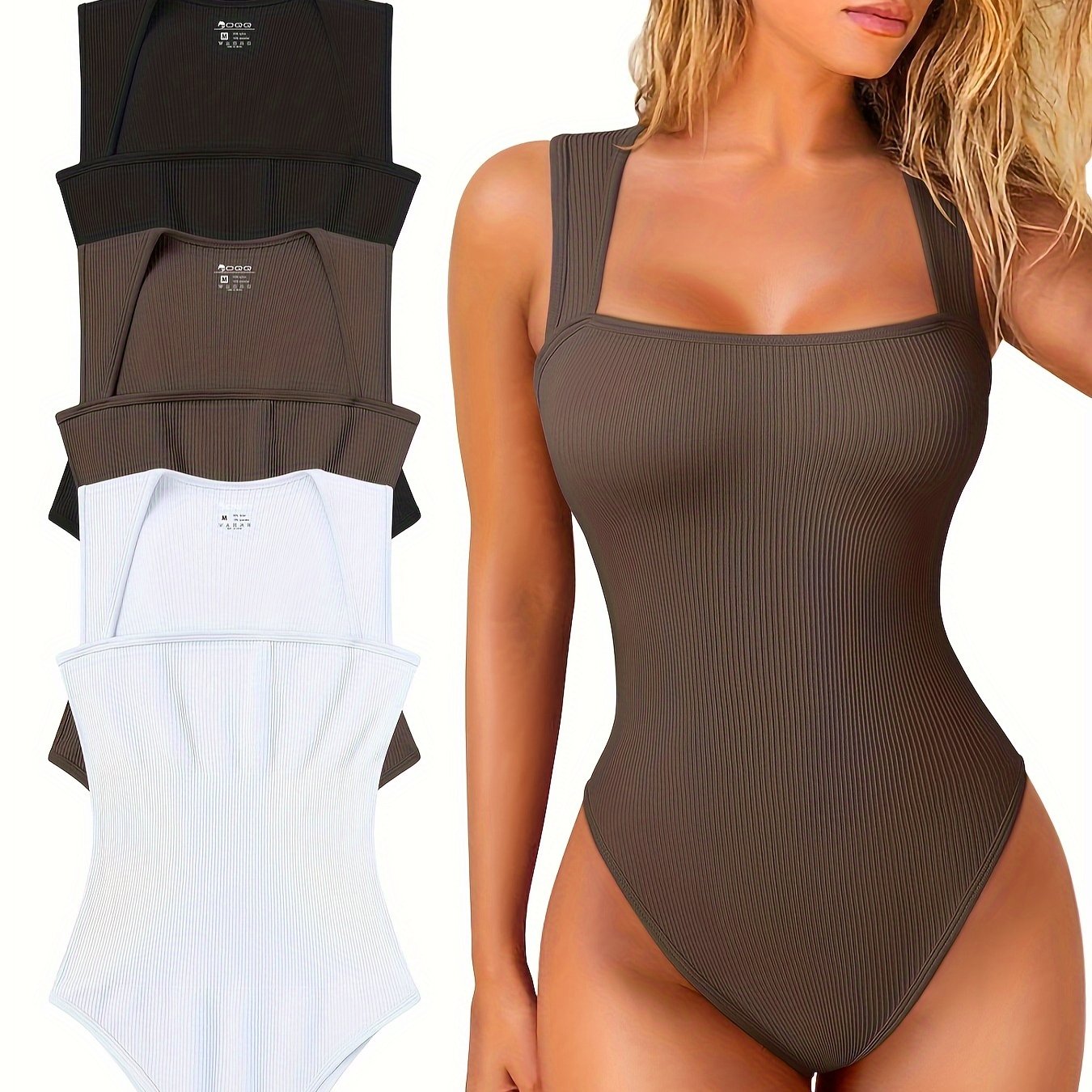OQQ 3 Piece Bodysuits For Women Sexy Ribbed Strappy Square Neck Stretch Tank Tops Bodysuits - Hiccupzz