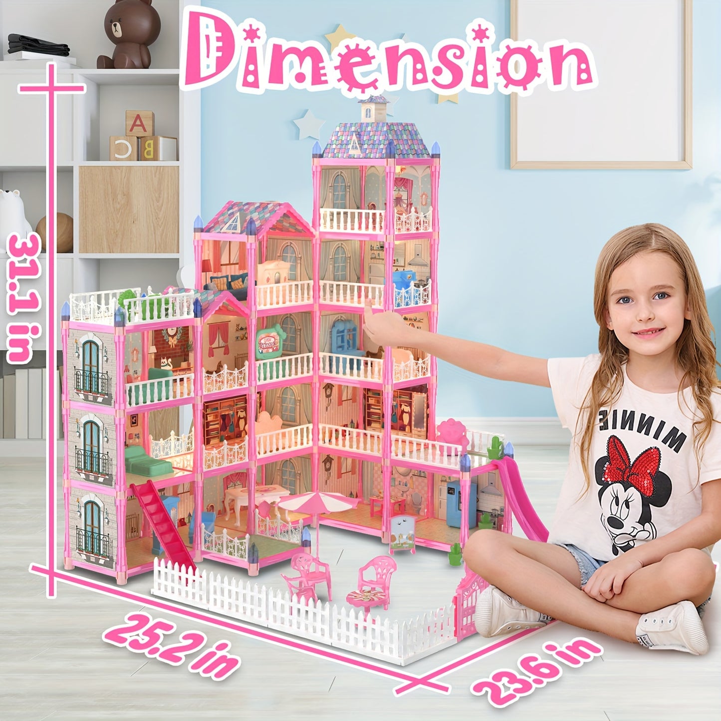 374 Pcs 15 Rooms Doll House For Girls, Princess Playhouse With Lights, Dolls Furniture Accessories,