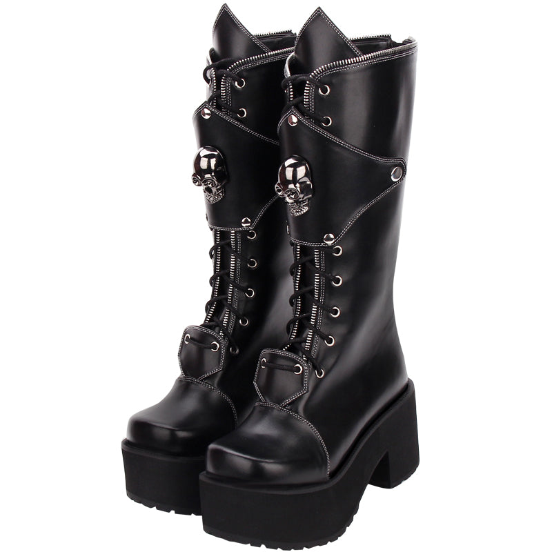 Zipper Studded Skull Punk Thick-soled High Boots - Hiccupzz