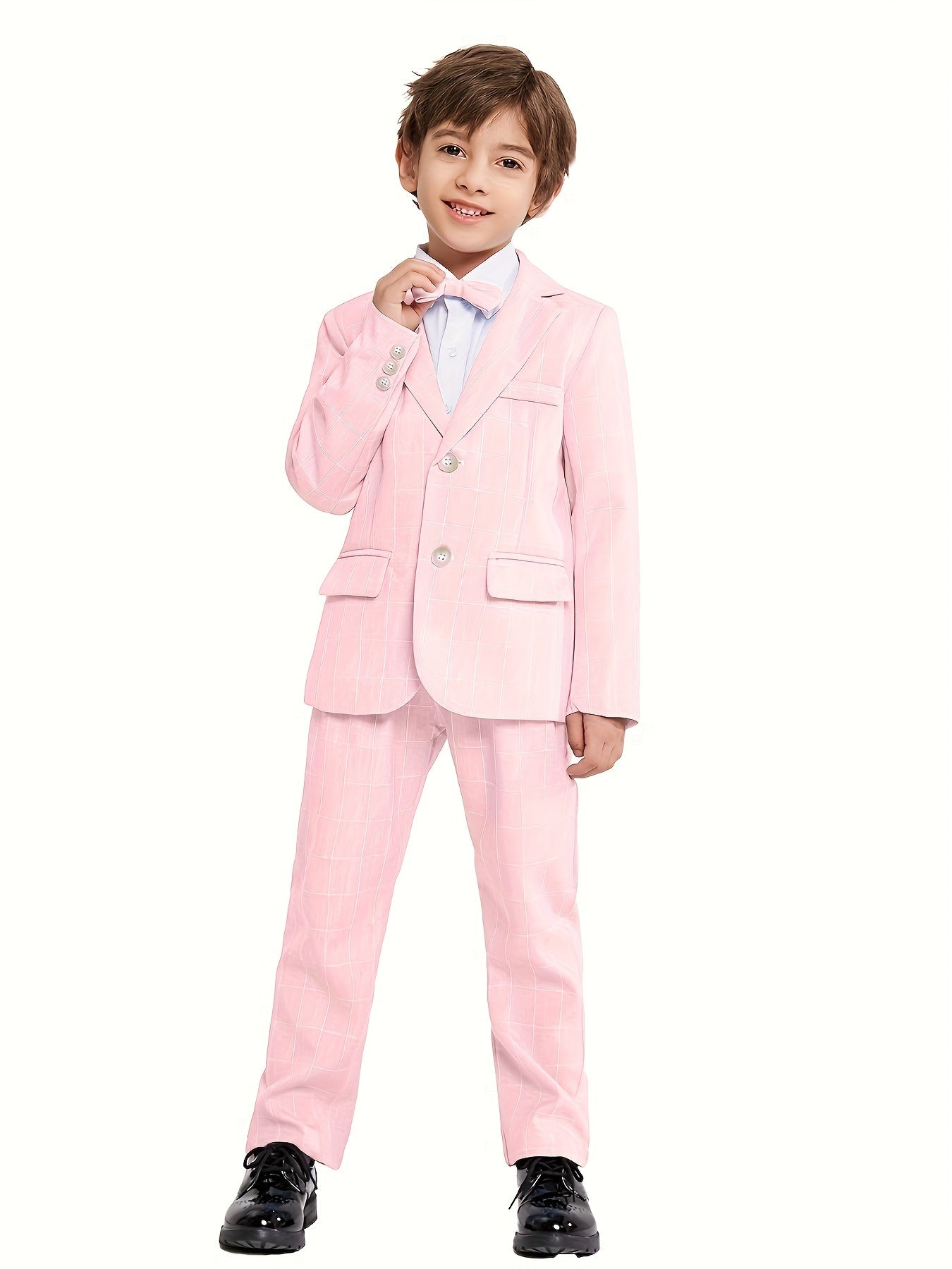 3-Pcs Boys Formal Plaid Gentleman Outfit Set, Long Sleeve Blazer, Bowtie, Pants - Hiccupzz