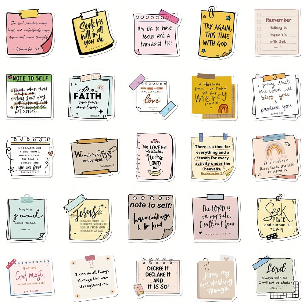 50pcs Bible Verse Sticky Notes – Waterproof PVC Self-Adhesive Christian Decals for Laptop, Notebook, Skateboard, and Luggage, Matte Finish, Irregular Shape, Single Use - Hiccupzz