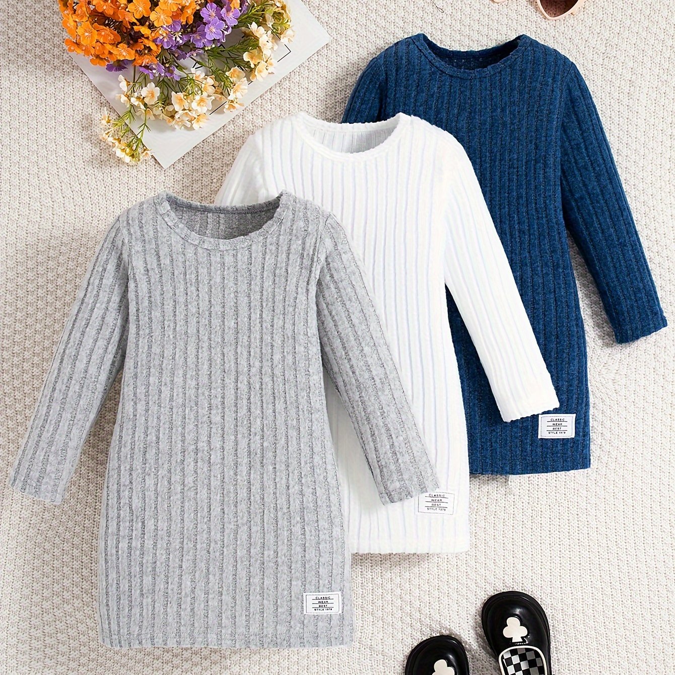 3 Pcs Girls Ribbed Knit Dress Set, Comfy & Elegant, Spring/Fall Dresses - Hiccupzz