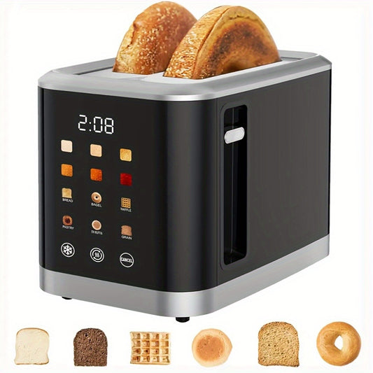 1 Pc Smart Digital Toaster - Touch Screen LCD Display, 6 Bread Types, 6 Shade Settings, 1.5" Wide Slots, Bagel/Defrost/Cancel Functions, 750-1000W, 2-Slice, US Plug, 110-130V