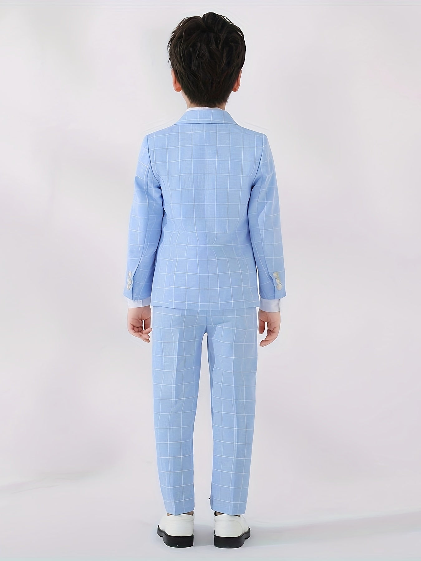 3-Pcs Boys Formal Plaid Gentleman Outfit Set, Long Sleeve Blazer, Bowtie, Pants - Hiccupzz